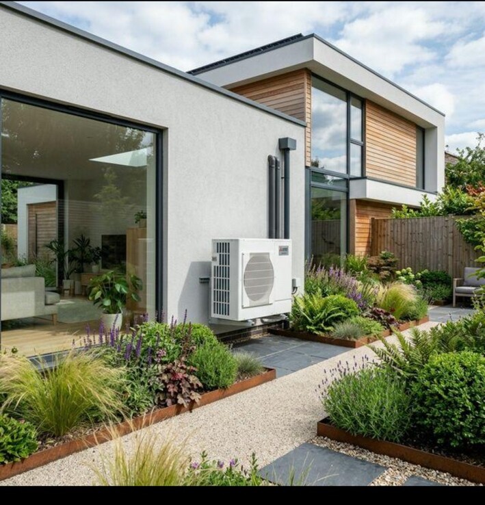 Maison contemporaine entourée de végétaux avec une pompe à chaleur extérieure